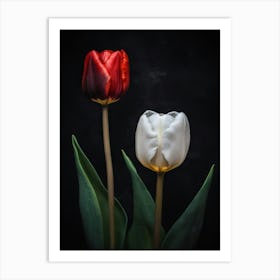 Two Red And White Tulips Against A Dark Background Art Print