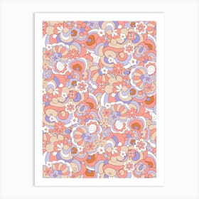 70s Psychedelic Groovy Flowers and Rainbows Brown Art Print