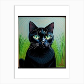 Black Cat With Green Eyes AI Look Art Print