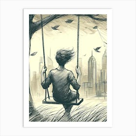 Moody Man on Swing Sketch 12 Art Print