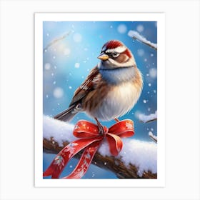 Winter Sparrow Adorned In Vibrant Festive Attire Perched Jauntily On A Frost Kissed Branch Snowfl Art Print