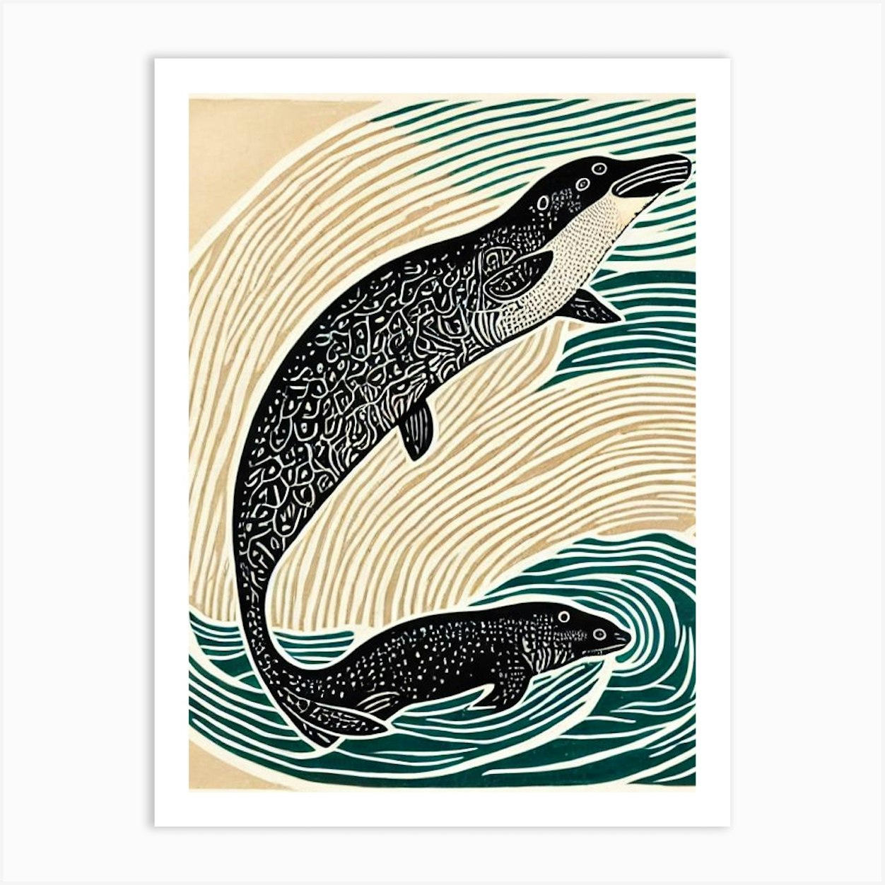 Whale Tail I, Linoleum Block Print - Portraits of Animals
