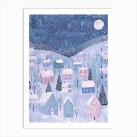 Night Winter Village. Pastel Gouache Christmas. Nursery Art Print