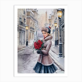 Paris Girl With Roses Art Print