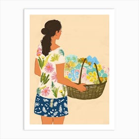 Woman With Basket Of Flowers Art Print