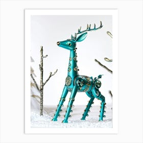 Ceramic And Metal Whimsical Teal Deer Resembling A Firefly Robot Frolics Among Icy Trees Glistenin Art Print