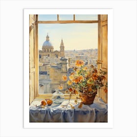 Window View Of Valletta Malta In Autumn Fall, Watercolour 1 Art Print