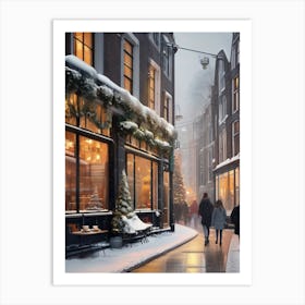 Amsterdam cafes, winter season, Christmas, autumn oil colors, pale colors, pedestrians in the street, winter clothes, falling snow.2 2 Art Print