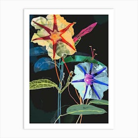 Neon Flowers On Black Morning Glory 4 Art Print