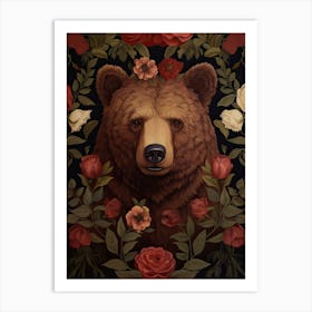 Brown Bear Portrait With Rustic Flowers 1 Art Print