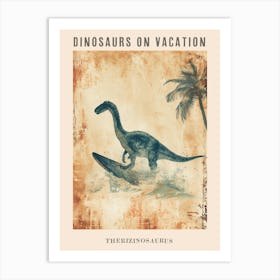 Vintage Therizinosaurus Dinosaur On A Surf Board 2 Poster Art Print