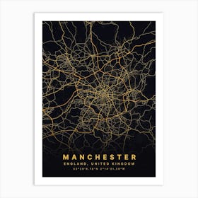 Manchester England Black And Gold Map Art Print