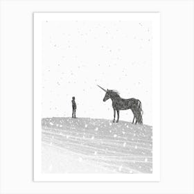 A Unicorn In A Winter Setting Black & White 2 Art Print