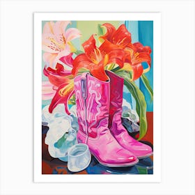 Oil Painting Of Pink And Red Flowers And Cowboy Boots, Oil Style 5 Art Print