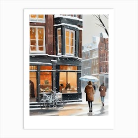 Amsterdam cafes, winter season, Christmas, autumn oil colors, pale colors, pedestrians in the street, winter clothes, falling snow.9 2 Affiche