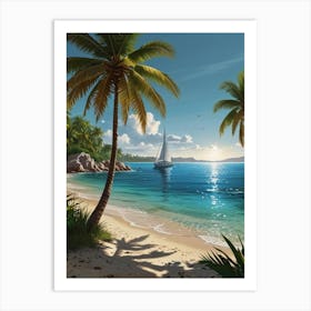 Beach Scene With Sailboat Art Print