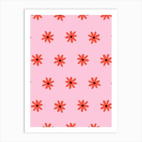 Ditsy Daisy Grid Bright Red and Light Pink Art Print