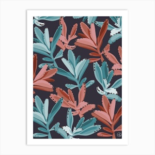 Dusty Pink And Turquoise Succulent Leaves Art Print