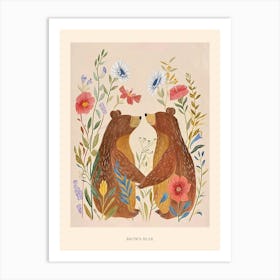Folksy Floral Animal Drawing Brown Bear Poster Art Print