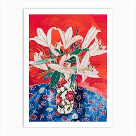 Easter Lily Bouquet Still Life On Bright Orange Art Print