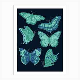 Texas Butterflies   Green And Blue On Navy Art Print