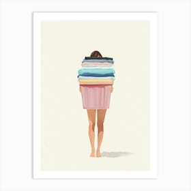 Illustration Of A Woman Carrying A Stack Of Clothes Art Print