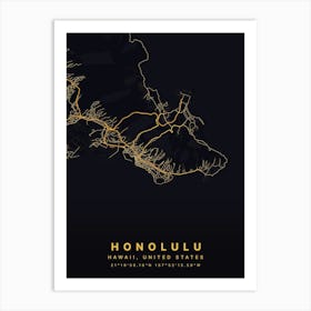 Honolulu Hawaii USA Black And Gold Map Art Print