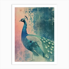 Vintage Pink & Turquoise Peacock Cyanotype Inspired Art Print