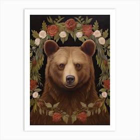 Brown Bear Portrait With Rustic Flowers 3 Art Print