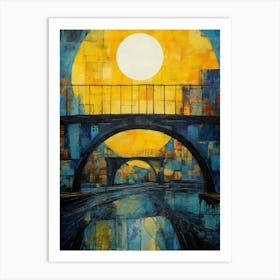 Blue Bridge with Sun I, Modern Vibrant Colorful Painting in Oil Style Art Print