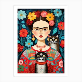 Frida Kahlo Portrait With Cats Mexican Painting Botanical Floral Art Print