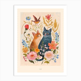 Folksy Floral Animal Drawing Cat Poster Art Print