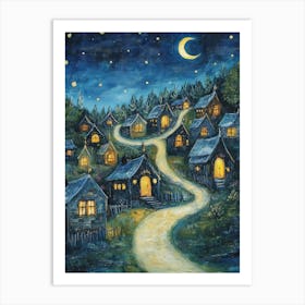 Village At Night With Stars and Moon In The Sky 11 Art Print