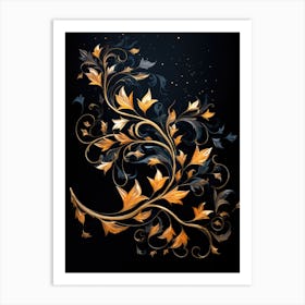 Golden Leaves On Black Background 1 Art Print