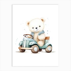 Baby Polar Bear On A Toy Car, Watercolour Nursery 3 Art Print