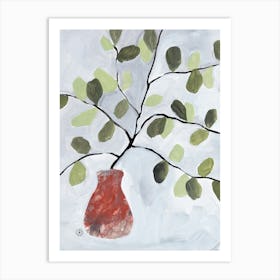 Eucalytpus - painting hand painted gray green plant neutral vertical living room Art Print