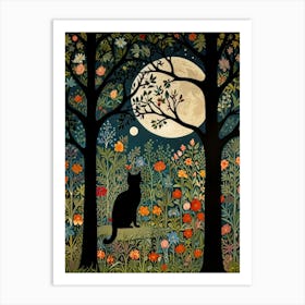 Cat In The Moonlight Style William Morris 2 Art Print