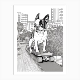 Boston Terrier Dog Skateboarding Line Art 4 Art Print