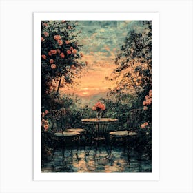 Romantic Vintage Garden With Wrought Iron Furniture – Sunset Floral Art Print Art Print