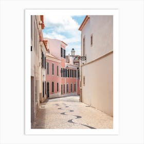 Pastel houses in Cascais, Portugal - wanderlust vintage street and travel photography by Christa Stroo Art Print