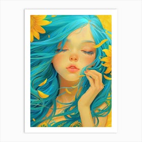 Blue Haired Girl With Sunflowers Art Print