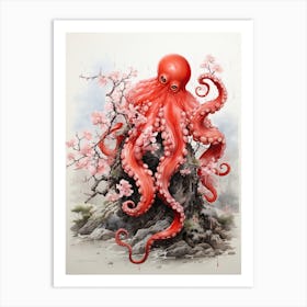 Octopus, Japanese Brush Painting, Ukiyo E, Minimal 1 Art Print