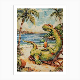 Dinosaur On A Sun Lounger With A Cocktail Painting 2 Art Print