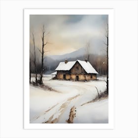 Rustic Winter Oil Painting Vintage Cottage (6) Art Print