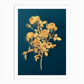 Vintage Burgundian Rose Botanical in Gold on Teal Blue n.0069 Art Print