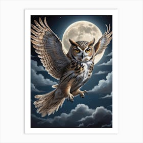 Owl In Flight Full Moon Art Print