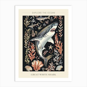 Great White Shark Black Background Illustration 1 Poster Art Print