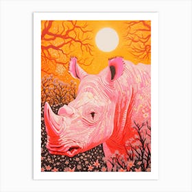 Geometric Pink & Orange Rhino In The Flowers Art Print