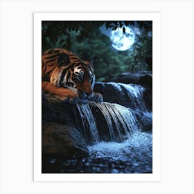 Tiger Resting By Waterfall. Generated AI. Art Print Art Print