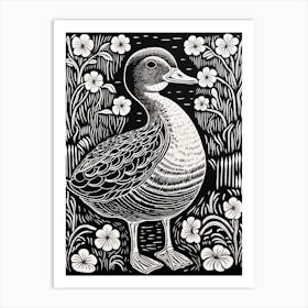B&W Bird Linocut Duck 4 Art Print